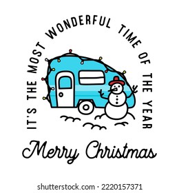 Mountain Camping christmas badge design with RV, snowman in line art style and quote It s the most wonderful time of the year. Travel logo graphics. Stock vector label