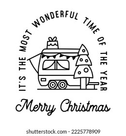 Mountain Camping christmas badge design with RV trailer in line art style and quote most wonderful time of the year. Travel logo graphics. Stock vector label