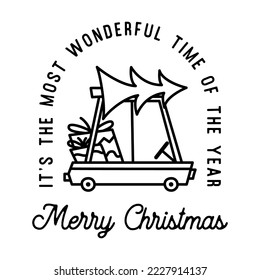 Mountain Camping christmas badge design with doodle car in line art style and quote it is the most beautiil time of the year. Travel logo graphics. Stock vector label