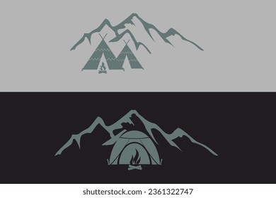 mountain camping concept. Flat style illustration of mountain landscape and tent, and campfire. Design for banners, posters, websites, emblems, logos and others