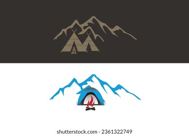 mountain camping concept. Flat style illustration of mountain landscape and tent, and campfire. Design for banners, posters, websites, emblems, logos and others