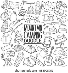 Mountain Camping Doodle Icons Sketch Hand Made. Coloring doodle Logos.