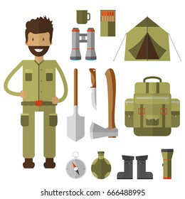 Mountain camping elements. Set of hiking equipment and gear for forest camp. Vector icon collection: binoculars, flashlight, lantern, knife, compass, backpack and cartoon character.