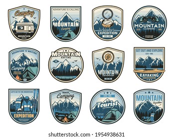 Mountain camping expedition, travel adventure icons and nature tourism badges, vector. Outdoor camp travel, mountaineering, climbing, rafting and kayaking, trekking and hiking tourist expedition