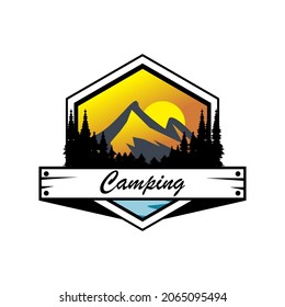 Mountain camping expedition, travel adventure icons and nature tourism badges, vector. Outdoor camp travel, mountaineering, climbing, rafting and kayaking, trekking and hiking expedition