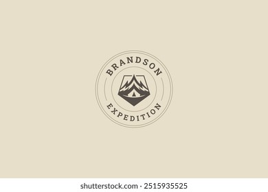 Mountain camping expedition travel adventure old style logo design template vector flat illustration. Mountaineering alpinism exploration discovery snowy rock cliff minimalist circle logotype