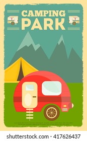 Mountain Camping with Family Trailer Caravan. Campsite Landscape with RV Traveler Truck and Tent. Outdoor Traveling Vacation. Retro Style. Vector Illustration.