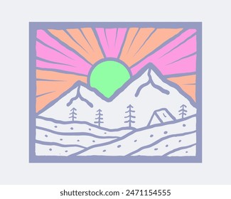 Dibujo de mano de Vector de montaña y camping para camiseta, insignia, ilustración de pegatina