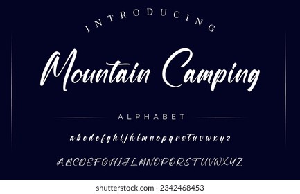 Mountain Camping Hand drawn vector alphabet. Modern monoline signature script font. Elegant Signature Font. Best Alphabet Beautiful Calligraphy Signature Font lettering handwritten