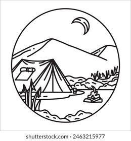 Mountain Camping is illustration of camping activity. it is related for traveler also can be logo product of outdoor activity. More over, it fit to sketchbook.