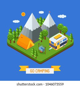 Mountain camping isometric landscape. Campsite place with camper trailer, tourist tent and campfire. National park land in isometry style. Summer camp adventure and RV trailering concept in 3d.