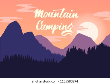 Mountain camping lettering. Vector illustration. Flyer, poster, brochure, banner. 