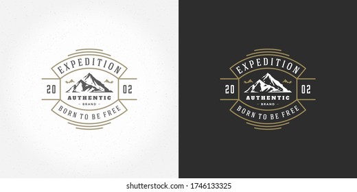 Mountain camping logo emblem outdoor landscape vector illustration rock hills silhouette for shirt or print stamp. Vintage typography badge design.