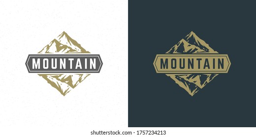 Mountain camping logo emblem outdoor landscape vector illustration rock hills silhouette for shirt or print stamp. Vintage typography badge design.