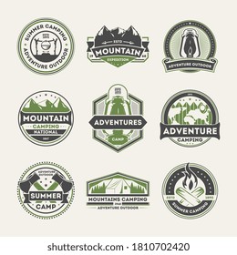 Mountain camping logo. Nature hiking and trekking vector logo. Mountain summer camping and expedition vintage isolated label set isolated on white background. Outdoor activity emblem illustration