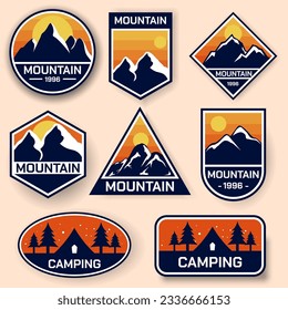 mountain and camping logo set Isolated on an orange background.