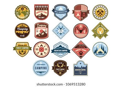 Mountain Camping Logo Set, Wild Adventure, Forest Ranger Retro Badge Vector Illustrations On A White Background