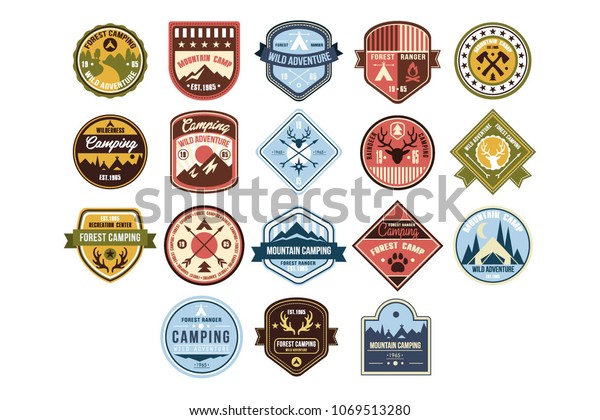 Mountain camping logo\
set, wild adventure, forest ranger retro badge vector Illustrations\
on a white background