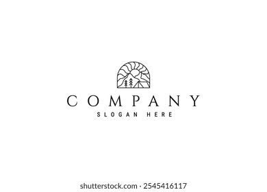 mountain camping logo with sunrise in linear line art design style