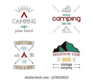 Mountain camping logos set. Hand drawn hiking travel badges, wildlife emblems. Explorer labels concepts. Wanderlust illustrations. Stock vector patches isolated on white background.