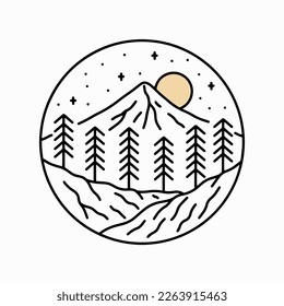 The mountain camping outdoor mono line vector for t-shirt, sticker, and badge design