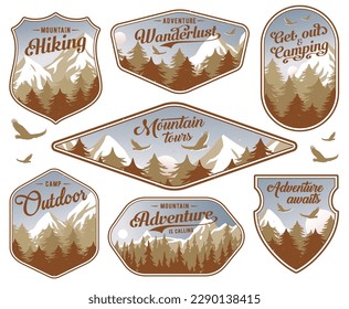 Mountain for camping and outdoor travel expedition. Forest emblem set for camp outdoor adventure or hiking and climbing