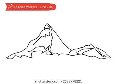 Mountain and camping premium icons. One continuous line drawing of majestic Matterhorn mountain. Vector illustration of Matterhorn mountain above Alpine stream, located between Switzerland and Italy.