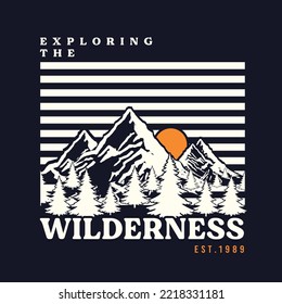 Mountain camping print design for t shirt. Wilderness vintage artwork for poster, sticker, apparel and others.