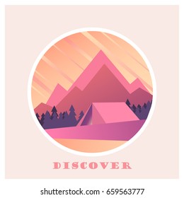 Mountain camping scene in a round frame postcard with lettering DISCOVER. Vector illustration