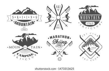 Mountain Camping and Skiing Retro Logo Templates Set, Wild Adventure Vintage Monochrome Labels Vector Illustration