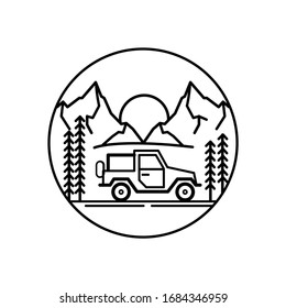 Mountain camping with sky view line illustration 