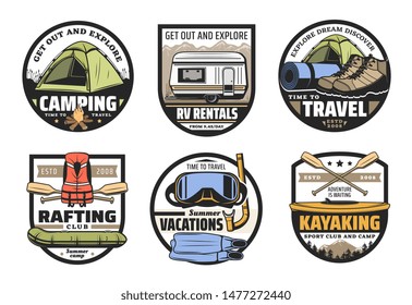 Mountain camping, summer vacation adventure and travel, rafting and kayaking sport club vector icons. Camp tent, hiking boots and tourist equipment, campfire, boat, kayak and paddles retro badges