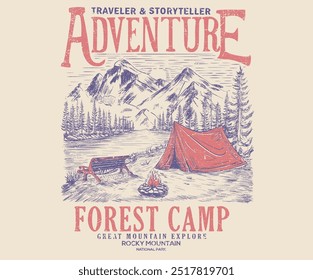 Mountain camping time vector print design. Find the way. Adventure is calling. Outdoor adventure graphic print design. Mountain t-shirt artwork.