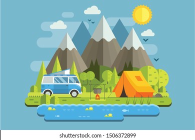 Mountain camping travel landscape with rv camper bus in flat design. Campsite place in forest lake area. Summer camp place with traveler van illustration. National park auto trip campground.