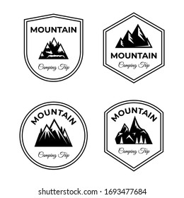 Mountain, camping trip vector logo design. Silhouettes peaks of mounts with text space. Active lifestyle, hiking, climbing, living on nature, traveling in alps icons isolated on white background.