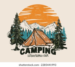 Mountain camping t-shirt graphic design. Mountain vector design artwork for apparel, sticker, poster, background and others.