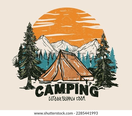 Mountain camping t-shirt graphic design. Mountain vector design artwork for apparel, sticker, poster, background and others.