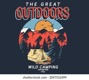 Mountain camping vector graphic print for apparel, sticker, batch, background, poster and others.