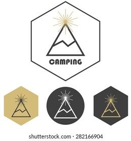 Mountain camping vector logo, set of gold and grey icons badges. Adventure travel hiking or ski resort concept. Outdoors vacation emblem.