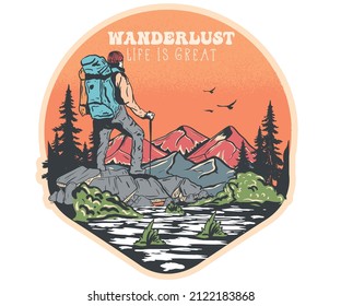 Mountain camping vector print design for t shirt, sticker and others. Wild adventure artwork.