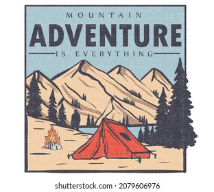 Mountain camping vector t shirt graphic design.  Campfire vintage artwork for apparel, sticker, batch, background, poster and others.
