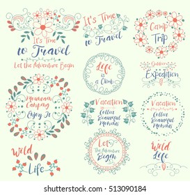 Mountain Camping. Wild Life.Time to Travel.Vacation.Camp Trip.Outdoor Expedition.Let The Adventure Begin.Insignias logotypes, badges, stickers, stamps, icons, frames, card design set. 