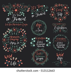 Mountain Camping. Wild Life.Time to Travel.Vacation.Camp Trip.Outdoor Expedition.Let The Adventure Begin.Insignias logotypes, badges, stickers, stamps, icons, frames, card design set. 