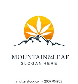 mountain and cannabis leaves logo with the sun behind it