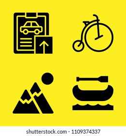 mountain, canoe, car repair and bicycle vector icon set. Sample icons set for web and graphic design