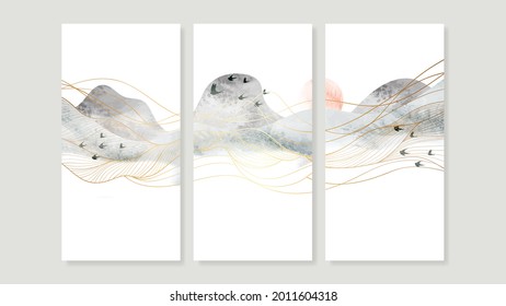 Mountain Canvas Art Print.  Triptych wall art vector. China Poster, Watercolor Landscape, Floating Mountains with golden line art design for  Home Decor, Office Art and wallpaper.