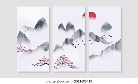 Mountain Canvas Art Print.  Triptych wall art vector. China Poster, Watercolor Landscape, Floating Mountains with tree birds and sun design for  Home Decor, Office Art and wallpaper.