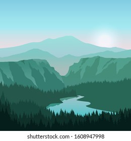 Mountain and canyon landscape with fir trees silhouette