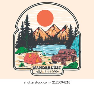 Mountain car adventure graphic print design for t shirt and others. Wild camping vector artwork design.