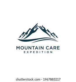 Mountain Care Logo. Mountain Shape Combined with Abstract Handy Care Shape Logo Design.